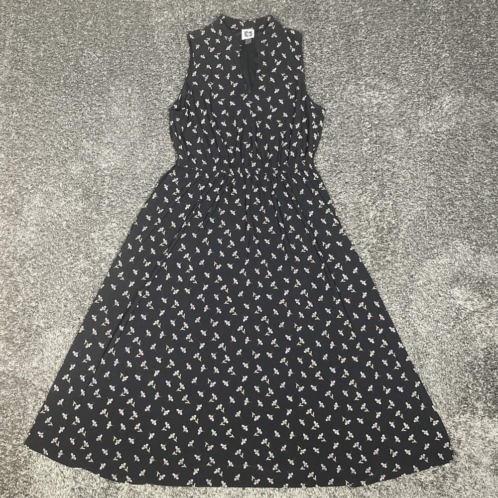 Anne Klein Women`s Elegant Black Floral V-Neck Sleeveless Midi Dress Sz. 4